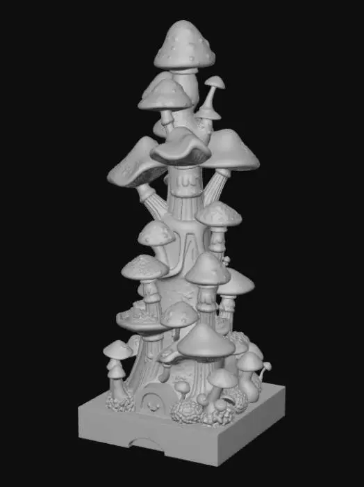 3D model for High detail, abstract spire, designed like a mushroom kingdom, displayed on a dark wood base.