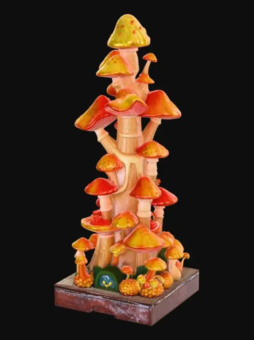 3D model for High detail, abstract spire, designed like a mushroom kingdom, displayed on a dark wood base.
