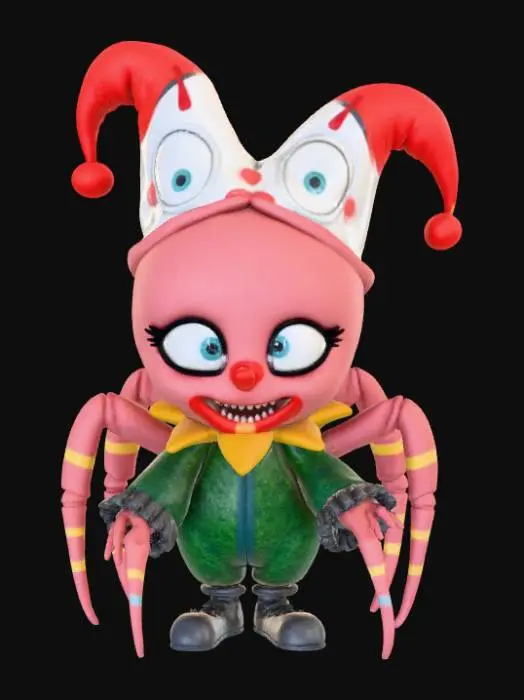 3D model for Smooth detail, kawaii, creepy, spider clown, posed on a dungeon style base.