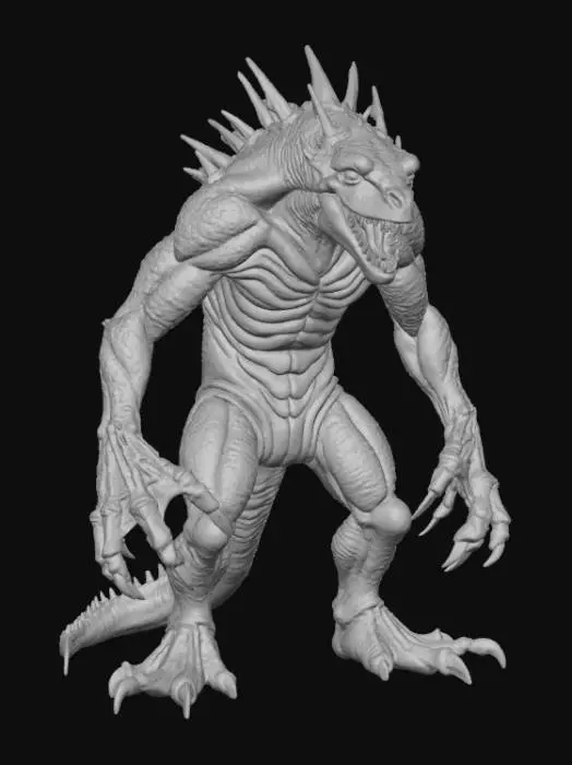 3D model for High detail, Saw toothed monster, posed on a rocky terrain.