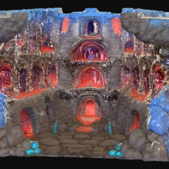 3D model for High detail, anime style, multi-tiered dungeon, view from side.