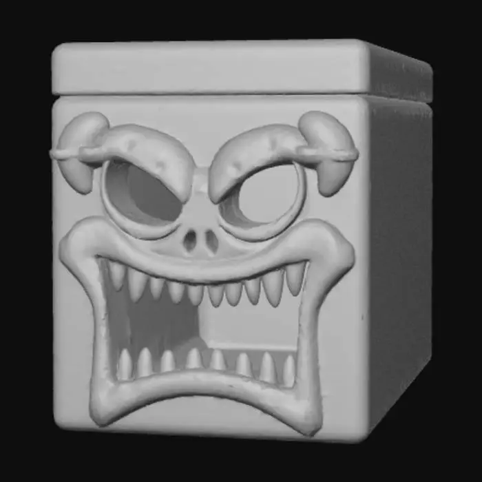 3D model for High detail, square empty container, with square lid, with a embossed monster face.