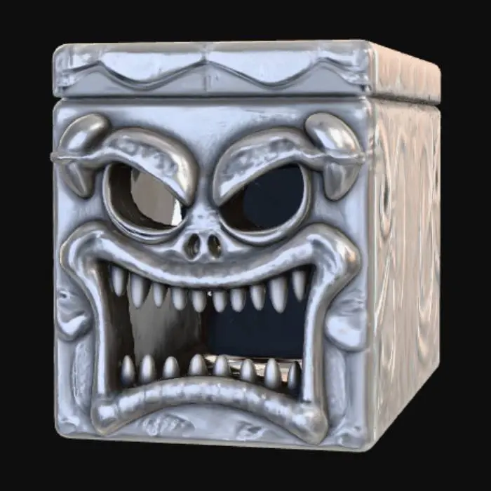 3D model for High detail, square empty container, with square lid, with a embossed monster face.