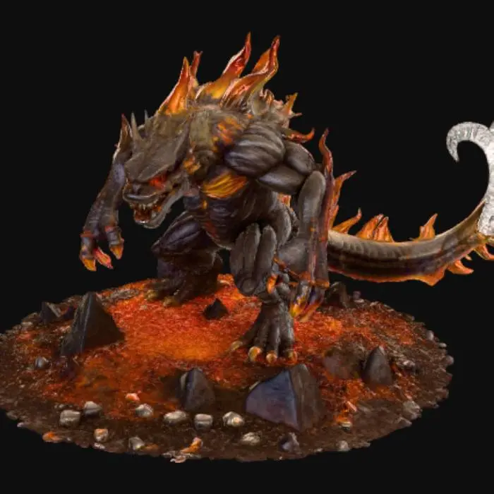 3D model for Scorched earth monster, standing on scorched earth landscape base.