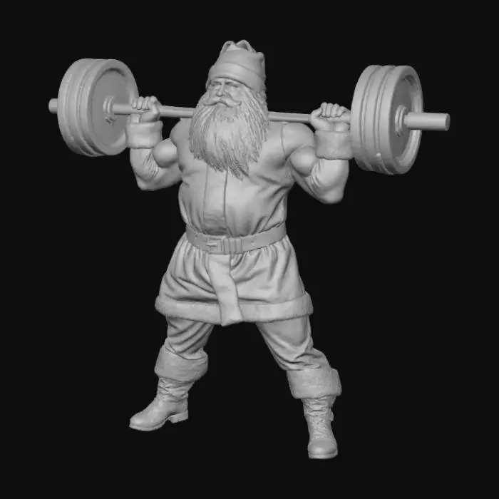 3D model for High detail, Buff Santa Claus lifting weights, standing on high detailed snowy landscape base.