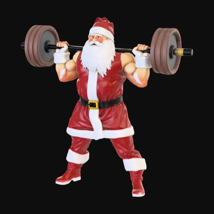 3D model for High detail, Buff Santa Claus lifting weights, standing on high detailed snowy landscape base.