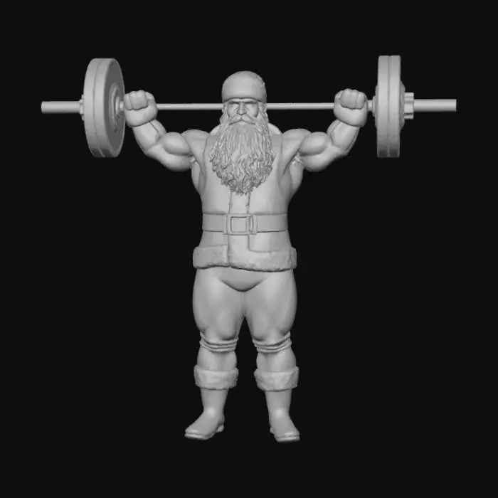 3D model for High detail, Buff Santa Claus lifting weights, standing on high detailed snowy landscape base.