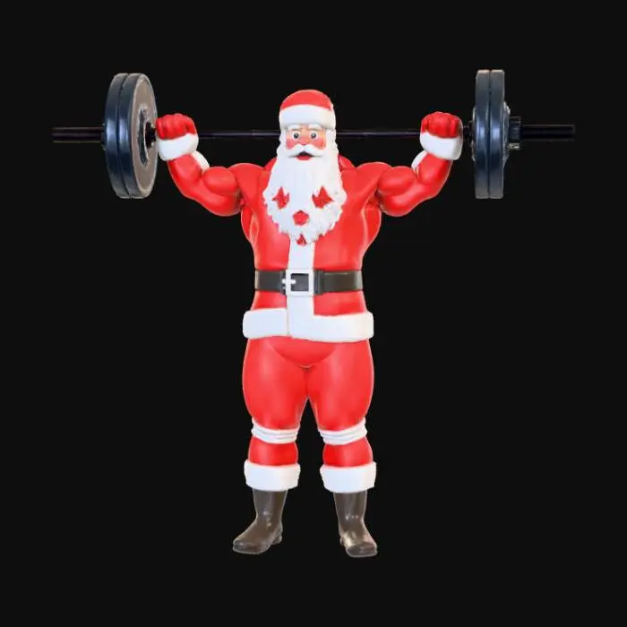 3D model for High detail, Buff Santa Claus lifting weights, standing on high detailed snowy landscape base.