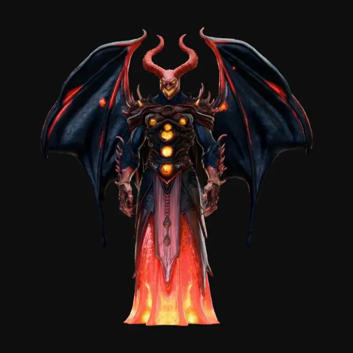 3D model for High Detailed, Fantasy, Thousand Eyed Demon King, standing on a hellfire landscape base.