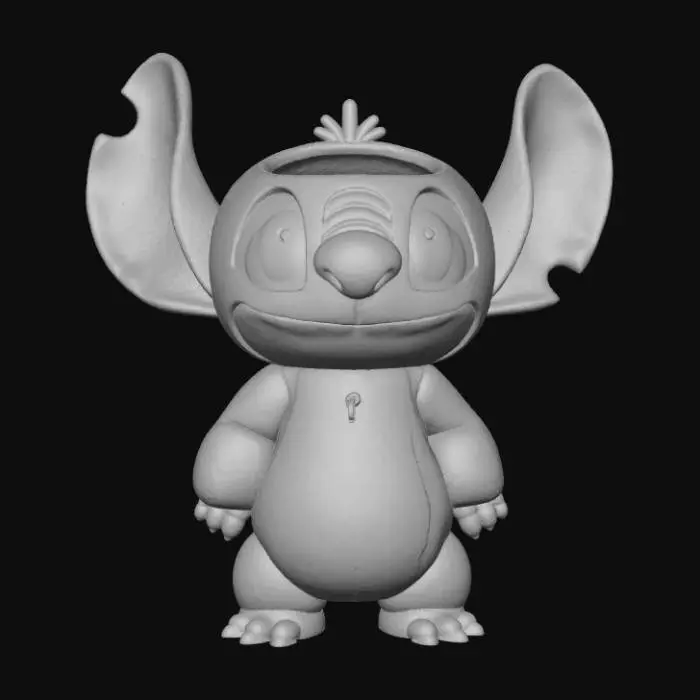 3D model for High detail, waste bin, large hollow hole in the top, designed like Disney Stitch