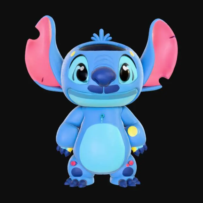 3D model for High detail, waste bin, large hollow hole in the top, designed like Disney Stitch