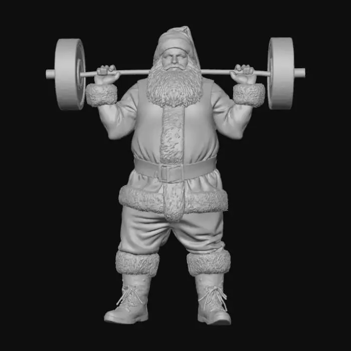 3D model for High detail, Buff Santa Claus lifting weights, standing on high detailed snowy landscape base.