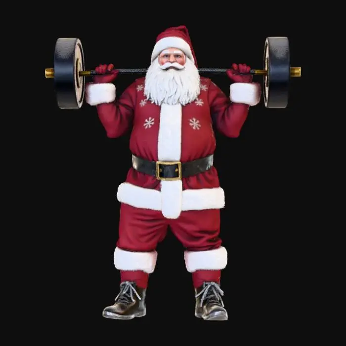 3D model for High detail, Buff Santa Claus lifting weights, standing on high detailed snowy landscape base.