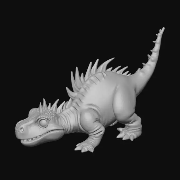 3D model for Create a high-quality 3D render in a chunky world of warcraft/blizzard art style. Use the exact same pose, proportions, body alignment, and camera angle as the reference: a clean left-side orthographic profile with zero perspective distortion. The creature lies completely flat on its belly with its head resting fully on the ground, neck extended forward, body forming a perfectly straight horizontal line from nose to tail, and all four legs splayed outward in a relaxed, natural position. The front legs angle slightly forward and outward, and the back legs angle slightly backward and outward. Maintain perfect left-right symmetry, smooth rounded shapes, simple soft lighting, and a neutral background. Now recreate this same fixed pose and style, but as a t-rex, keeping the vinyl