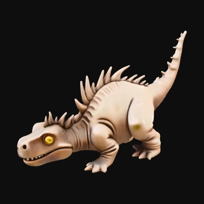 3D model for Create a high-quality 3D render in a chunky world of warcraft/blizzard art style. Use the exact same pose, proportions, body alignment, and camera angle as the reference: a clean left-side orthographic profile with zero perspective distortion. The creature lies completely flat on its belly with its head resting fully on the ground, neck extended forward, body forming a perfectly straight horizontal line from nose to tail, and all four legs splayed outward in a relaxed, natural position. The front legs angle slightly forward and outward, and the back legs angle slightly backward and outward. Maintain perfect left-right symmetry, smooth rounded shapes, simple soft lighting, and a neutral background. Now recreate this same fixed pose and style, but as a t-rex, keeping the vinyl