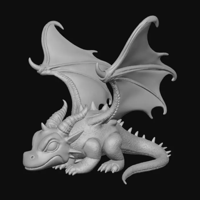 3D model for A high-quality 3D render in a chunky world of warcraft/blizzard art style. Use the exact same pose, proportions, body alignment, and camera angle as the reference: a clean left-side orthographic profile with zero perspective distortion. The creature lies completely flat on its belly with its head resting fully on the ground, neck extended forward, body forming a perfectly straight horizontal line from nose to tail, and all four legs splayed outward in a relaxed, natural position. The front legs angle slightly forward and outward, and the back legs angle slightly backward and outward. Maintain perfect left-right symmetry, smooth rounded shapes, simple soft lighting, and a neutral background. Now recreate this same fixed pose and style, but as a winged dragon, keeping the vinyl texture
