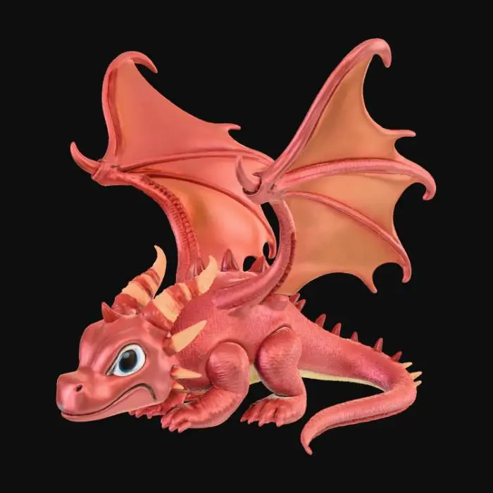3D model for A high-quality 3D render in a chunky world of warcraft/blizzard art style. Use the exact same pose, proportions, body alignment, and camera angle as the reference: a clean left-side orthographic profile with zero perspective distortion. The creature lies completely flat on its belly with its head resting fully on the ground, neck extended forward, body forming a perfectly straight horizontal line from nose to tail, and all four legs splayed outward in a relaxed, natural position. The front legs angle slightly forward and outward, and the back legs angle slightly backward and outward. Maintain perfect left-right symmetry, smooth rounded shapes, simple soft lighting, and a neutral background. Now recreate this same fixed pose and style, but as a winged dragon, keeping the vinyl texture