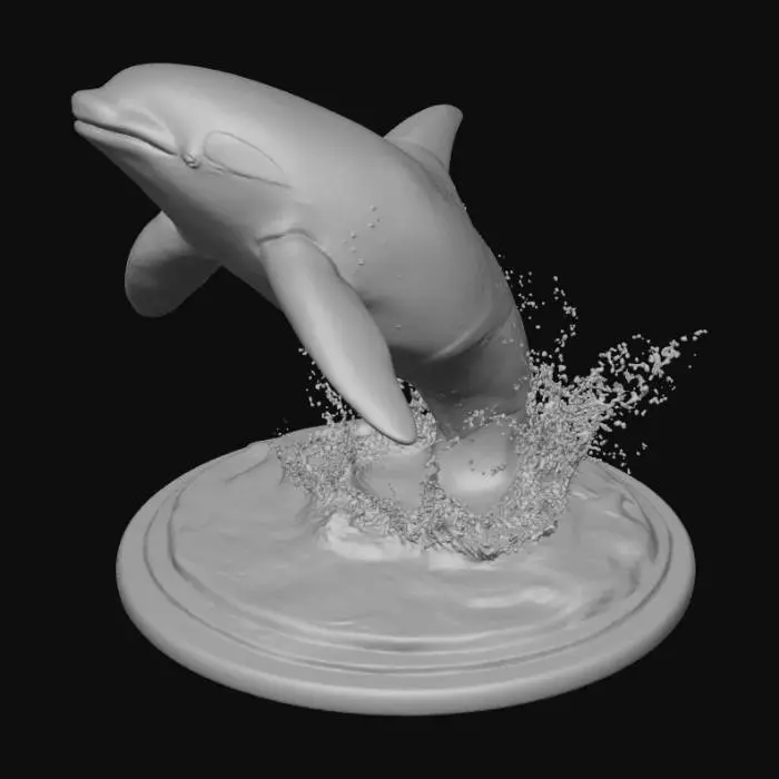 3D model for High detail, Orca coming out of the water, tabletop decoration, with detailed splashing water, connected to a wooden base.