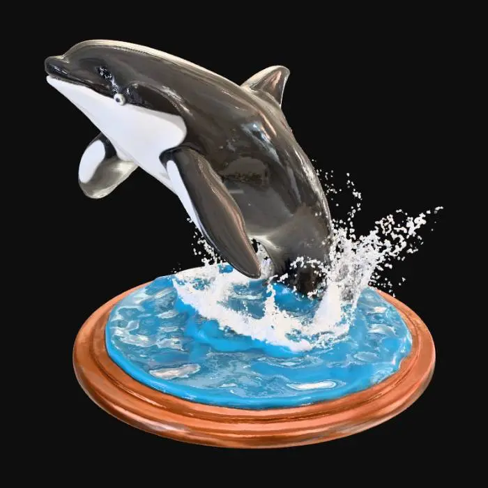 3D model for High detail, Orca coming out of the water, tabletop decoration, with detailed splashing water, connected to a wooden base.