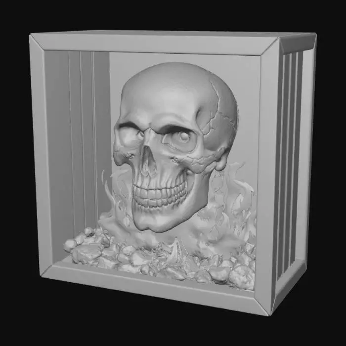 3D model for High detail, skull, beinging suspended in the center by flames, inside a wooden hollow box, with no front or back walls.