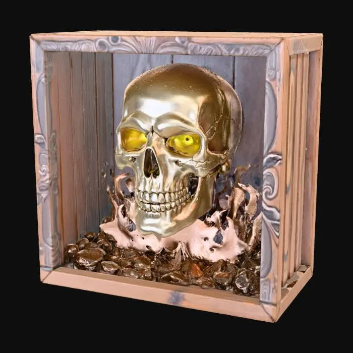 3D model for High detail, skull, beinging suspended in the center by flames, inside a wooden hollow box, with no front or back walls.