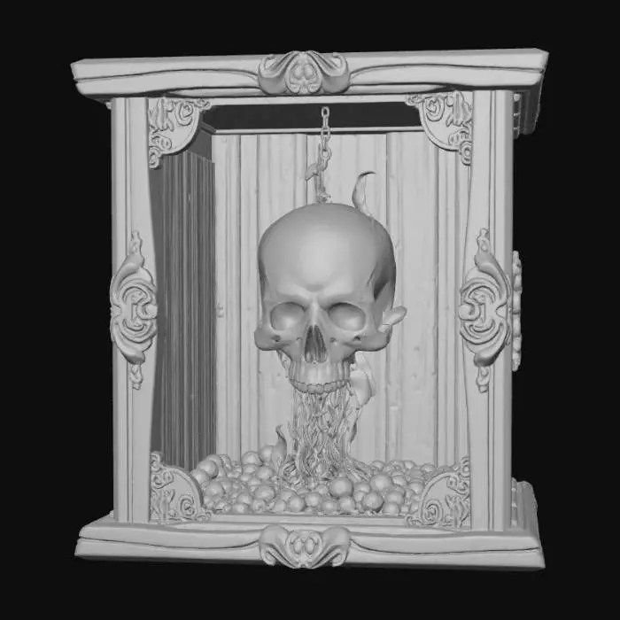3D model for High detail, skull, beinging suspended in the center by flames, inside a wooden hollow box, with no front or back walls.