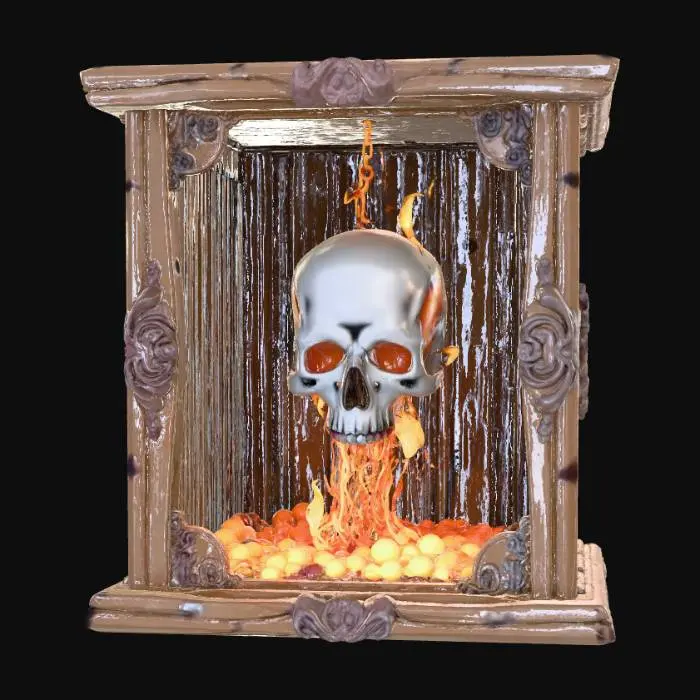 3D model for High detail, skull, beinging suspended in the center by flames, inside a wooden hollow box, with no front or back walls.