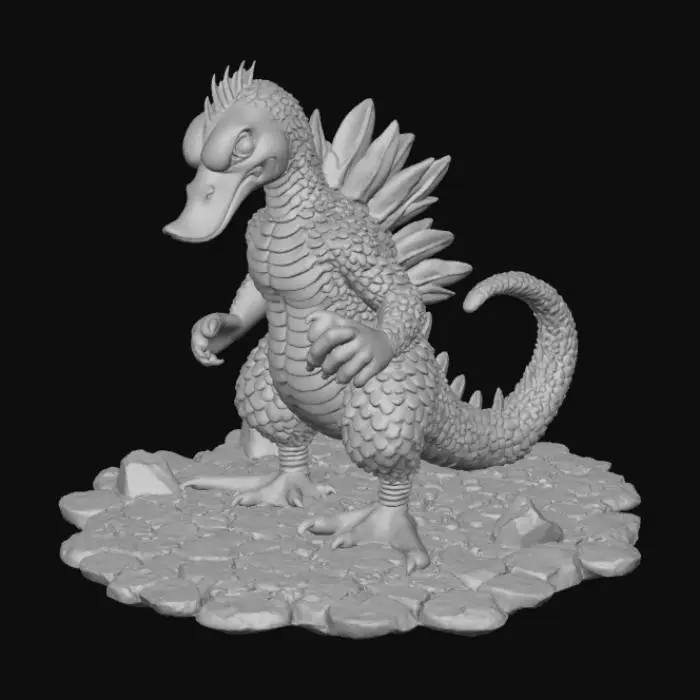 3D model for High detail, Duckzilla, standing on a broken rubble road base.