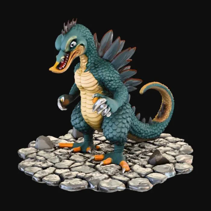 3D model for High detail, Duckzilla, standing on a broken rubble road base.