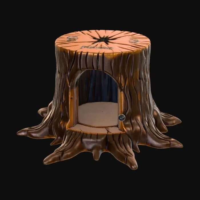 3D model for Open doored per enclosure, designed like a fantasy wooden stump.