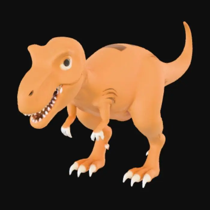 3D model for Create a high-quality 3D render in a chunky world of warcraft/blizzard art style. Use the exact same pose, proportions, body alignment, and camera angle as the reference: a clean left-side orthographic profile with zero perspective distortion. The creature lies completely flat on its belly with its head resting fully on the ground, neck extended forward, body forming a perfectly straight horizontal line from nose to tail, and all four legs splayed outward in a relaxed, natural position. The front legs angle slightly forward and outward, and the back legs angle slightly backward and outward. Maintain perfect left-right symmetry, smooth rounded shapes, simple soft lighting, and a neutral background. Now recreate this same fixed pose and style, but as a t-rex, keeping the vinyl