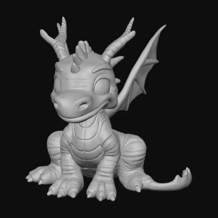 3D model for Create a high-quality 3D render in a chunky world of warcraft/blizzard art style. Use the exact same pose, proportions, body alignment, and camera angle as the reference: a clean left-side orthographic profile with zero perspective distortion. The creature lies completely flat on its belly with its head resting fully on the ground, neck extended forward, body forming a perfectly straight horizontal line from nose to tail, and all four legs splayed outward in a relaxed, natural position. The front legs angle slightly forward and outward, and the back legs angle slightly backward and outward. Maintain perfect left-right symmetry, smooth rounded shapes, simple soft lighting, and a neutral background. Now recreate this same fixed pose and style, but as a dragon, keeping the vinyl texture