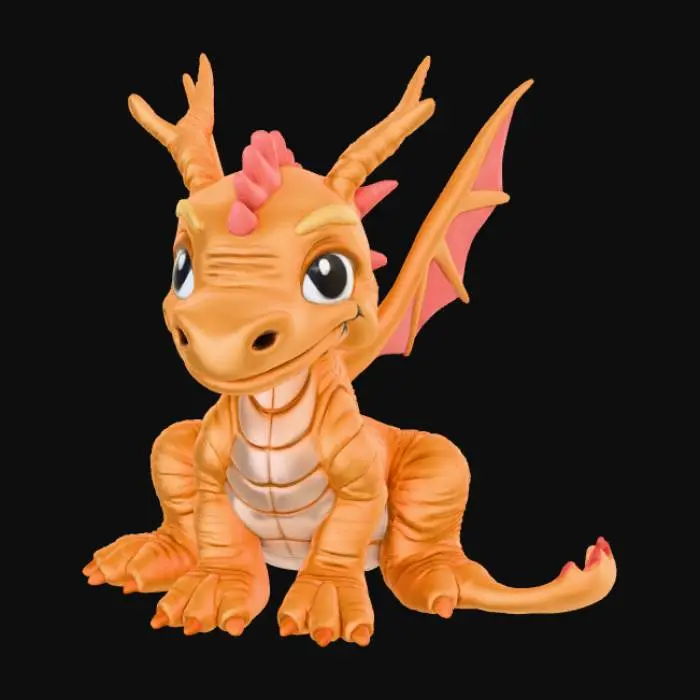 3D model for Create a high-quality 3D render in a chunky world of warcraft/blizzard art style. Use the exact same pose, proportions, body alignment, and camera angle as the reference: a clean left-side orthographic profile with zero perspective distortion. The creature lies completely flat on its belly with its head resting fully on the ground, neck extended forward, body forming a perfectly straight horizontal line from nose to tail, and all four legs splayed outward in a relaxed, natural position. The front legs angle slightly forward and outward, and the back legs angle slightly backward and outward. Maintain perfect left-right symmetry, smooth rounded shapes, simple soft lighting, and a neutral background. Now recreate this same fixed pose and style, but as a dragon, keeping the vinyl texture