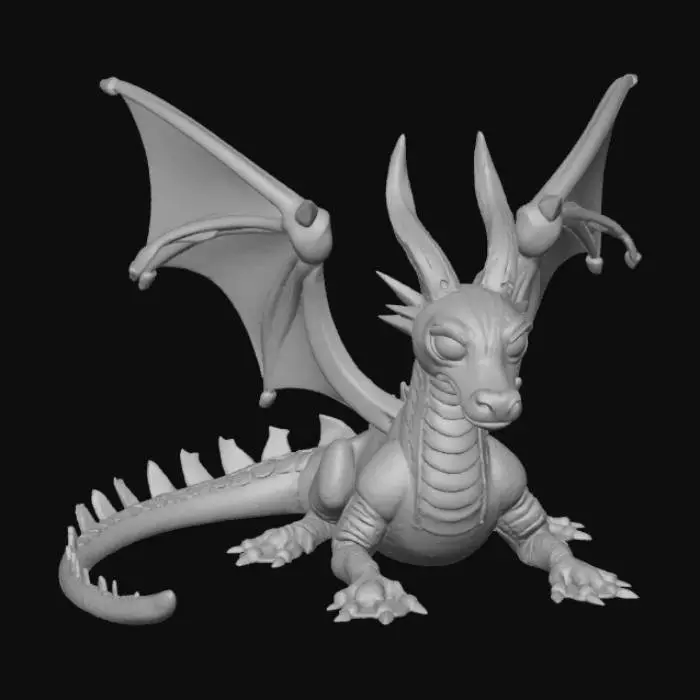 3D model for A high-quality 3D render in a chunky world of warcraft/blizzard art style. Use the exact same pose, proportions, body alignment, and camera angle as the reference: a clean left-side orthographic profile with zero perspective distortion. The creature lies completely flat on its belly with its head resting fully on the ground, neck extended forward, body forming a perfectly straight horizontal line from nose to tail, and all four legs splayed outward in a relaxed, natural position. The front legs angle slightly forward and outward, and the back legs angle slightly backward and outward. Maintain perfect left-right symmetry, smooth rounded shapes, simple soft lighting, and a neutral background. Now recreate this same fixed pose and style, but as a winged dragon, keeping the vinyl texture