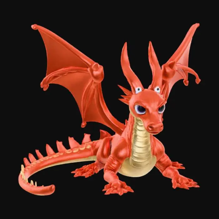 3D model for A high-quality 3D render in a chunky world of warcraft/blizzard art style. Use the exact same pose, proportions, body alignment, and camera angle as the reference: a clean left-side orthographic profile with zero perspective distortion. The creature lies completely flat on its belly with its head resting fully on the ground, neck extended forward, body forming a perfectly straight horizontal line from nose to tail, and all four legs splayed outward in a relaxed, natural position. The front legs angle slightly forward and outward, and the back legs angle slightly backward and outward. Maintain perfect left-right symmetry, smooth rounded shapes, simple soft lighting, and a neutral background. Now recreate this same fixed pose and style, but as a winged dragon, keeping the vinyl texture