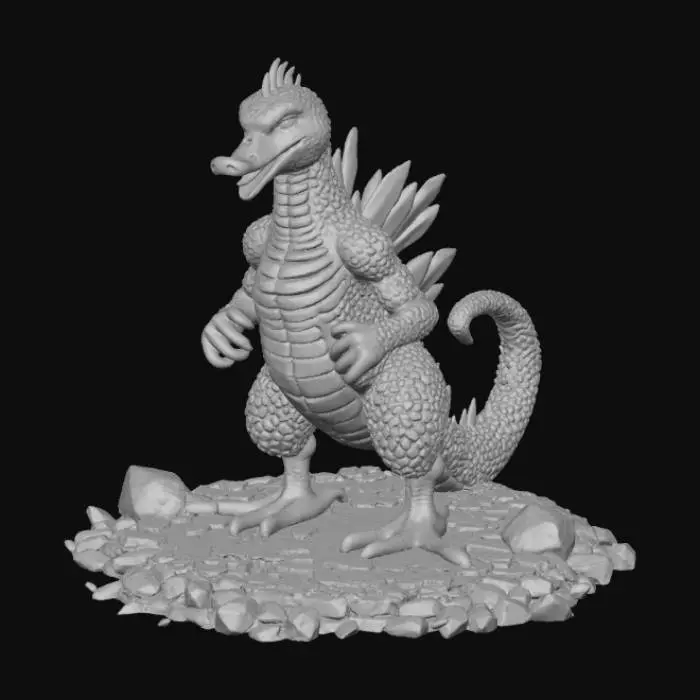 3D model for High detail, Duckzilla, standing on a broken rubble road base.