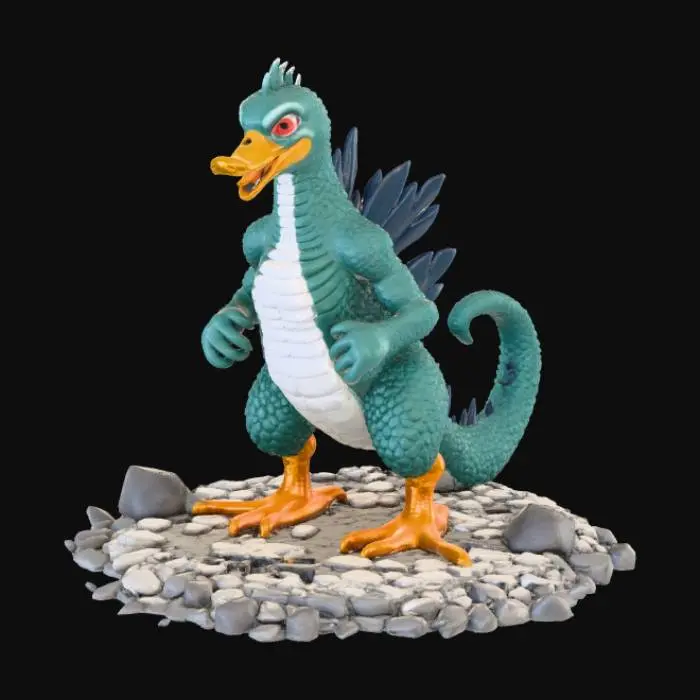 3D model for High detail, Duckzilla, standing on a broken rubble road base.