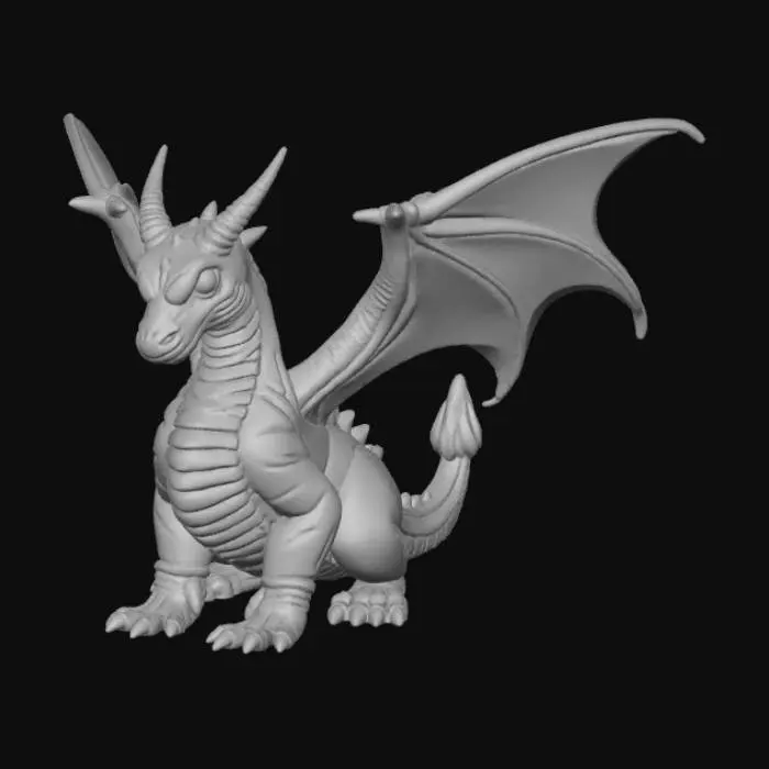 3D model for A high-quality 3D render in a chunky world of warcraft/blizzard art style. Use the exact same pose, proportions, body alignment, and camera angle as the reference: a clean left-side orthographic profile with zero perspective distortion. The creature lies completely flat on its belly with its head resting fully on the ground, neck extended forward, body forming a perfectly straight horizontal line from nose to tail, and all four legs splayed outward in a relaxed, natural position. The front legs angle slightly forward and outward, and the back legs angle slightly backward and outward. Maintain perfect left-right symmetry, smooth rounded shapes, simple soft lighting, and a neutral background. Now recreate this same fixed pose and style, but as a winged dragon, keeping the vinyl texture
