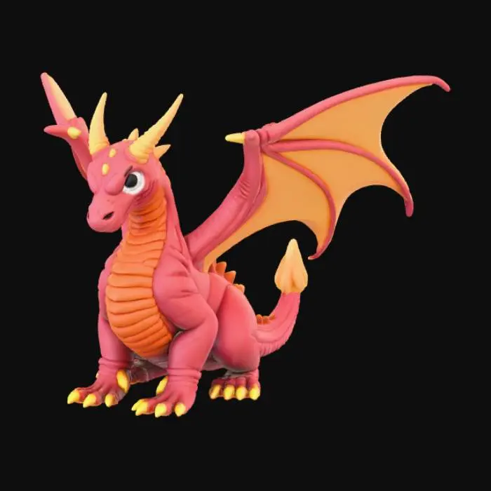 3D model for A high-quality 3D render in a chunky world of warcraft/blizzard art style. Use the exact same pose, proportions, body alignment, and camera angle as the reference: a clean left-side orthographic profile with zero perspective distortion. The creature lies completely flat on its belly with its head resting fully on the ground, neck extended forward, body forming a perfectly straight horizontal line from nose to tail, and all four legs splayed outward in a relaxed, natural position. The front legs angle slightly forward and outward, and the back legs angle slightly backward and outward. Maintain perfect left-right symmetry, smooth rounded shapes, simple soft lighting, and a neutral background. Now recreate this same fixed pose and style, but as a winged dragon, keeping the vinyl texture