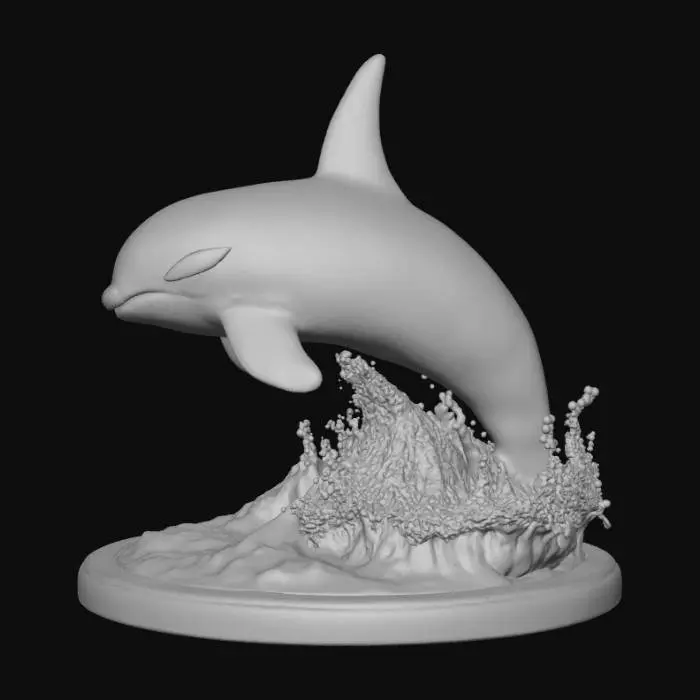 3D model for High detail, Orca coming out of the water, tabletop decoration, with detailed splashing water, connected to a wooden base.