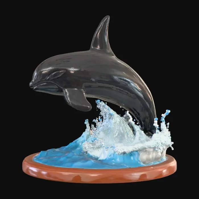 3D model for High detail, Orca coming out of the water, tabletop decoration, with detailed splashing water, connected to a wooden base.