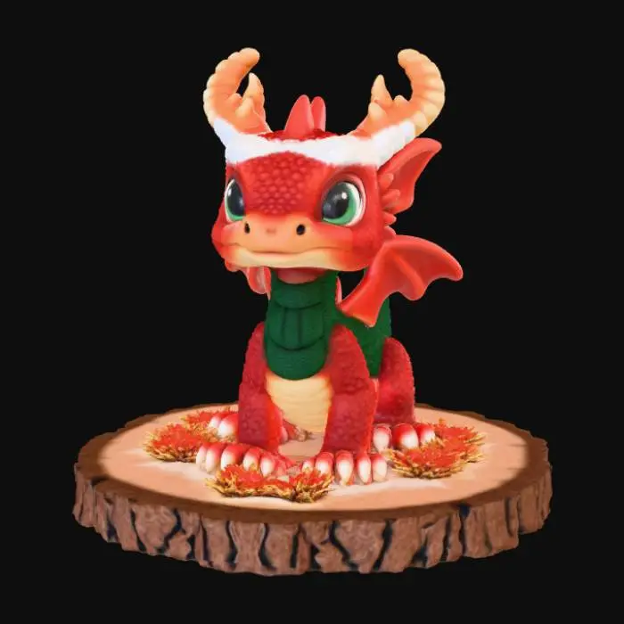 3D model for High detail, baby dragonling, with christmas design, on a fir wood polished base, #Christmas2025#