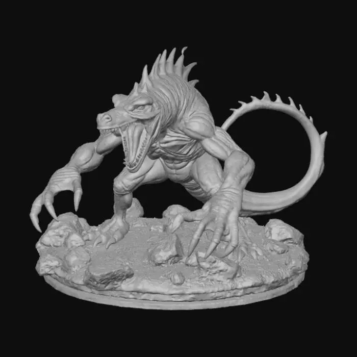 3D model for High detail, Saw toothed monster, posed on a rocky terrain.