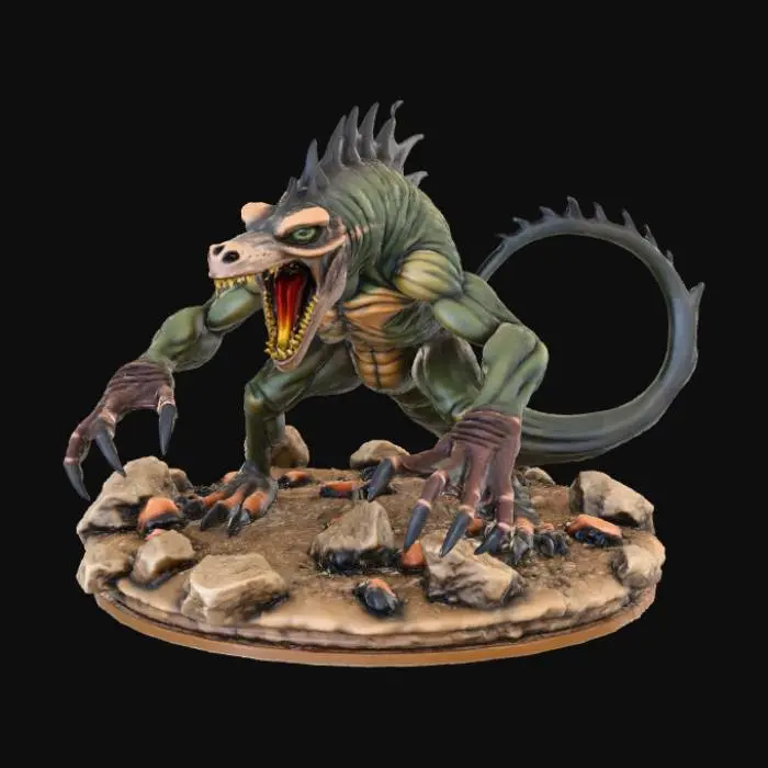 3D model for High detail, Saw toothed monster, posed on a rocky terrain.