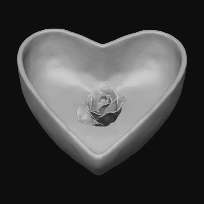 3D model for Smooth detail, extravagant, multi rose, heart shapped bowl, outside of the bowl covered in miniture roses, smooth, hollow inside of the bowl.