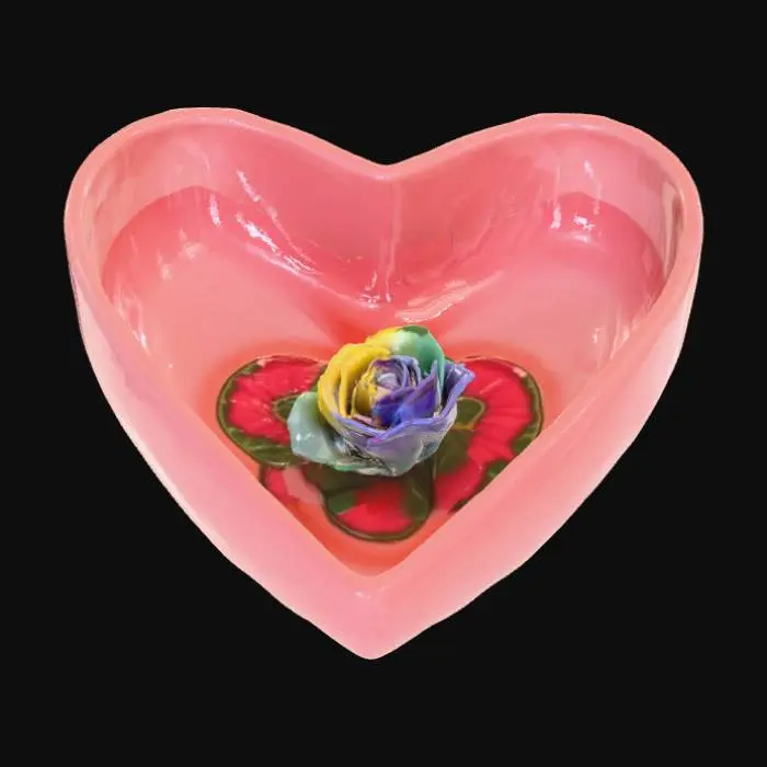 3D model for Smooth detail, extravagant, multi rose, heart shapped bowl, outside of the bowl covered in miniture roses, smooth, hollow inside of the bowl.