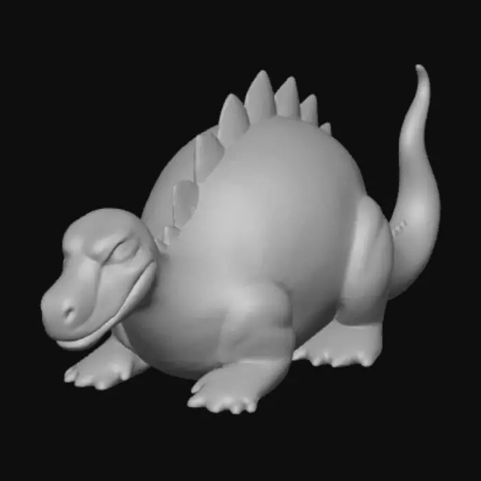 3D model for Create a high-quality 3D render in a chunky world of warcraft/blizzard art style. Use the exact same pose, proportions, body alignment, and camera angle as the reference: a clean left-side orthographic profile with zero perspective distortion. The creature lies completely flat on its belly with its head resting fully on the ground, neck extended forward, body forming a perfectly straight horizontal line from nose to tail, and all four legs splayed outward in a relaxed, natural position. The front legs angle slightly forward and outward, and the back legs angle slightly backward and outward. Maintain perfect left-right symmetry, smooth rounded shapes, simple soft lighting, and a neutral background. Now recreate this same fixed pose and style, but as a t-rex, keeping the vinyl