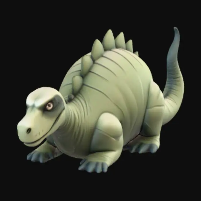 3D model for Create a high-quality 3D render in a chunky world of warcraft/blizzard art style. Use the exact same pose, proportions, body alignment, and camera angle as the reference: a clean left-side orthographic profile with zero perspective distortion. The creature lies completely flat on its belly with its head resting fully on the ground, neck extended forward, body forming a perfectly straight horizontal line from nose to tail, and all four legs splayed outward in a relaxed, natural position. The front legs angle slightly forward and outward, and the back legs angle slightly backward and outward. Maintain perfect left-right symmetry, smooth rounded shapes, simple soft lighting, and a neutral background. Now recreate this same fixed pose and style, but as a t-rex, keeping the vinyl