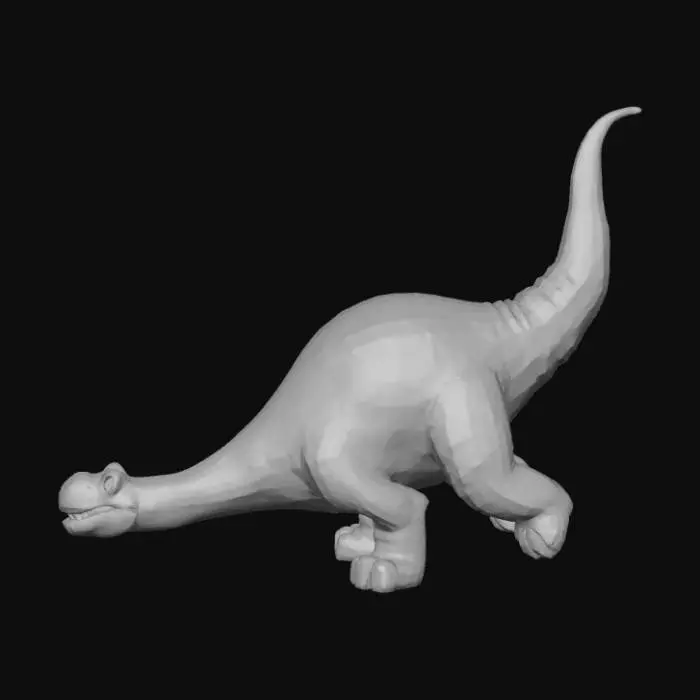 3D model for Create a high-quality 3D render in a chunky world of warcraft/blizzard art style. Use the exact same pose, proportions, body alignment, and camera angle as the reference: a clean left-side orthographic profile with zero perspective distortion. The creature lies completely flat on its belly with its head resting fully on the ground, neck extended forward, body forming a perfectly straight horizontal line from nose to tail, and all four legs splayed outward in a relaxed, natural position. The front legs angle slightly forward and outward, and the back legs angle slightly backward and outward. Maintain perfect left-right symmetry, smooth rounded shapes, simple soft lighting, and a neutral background. Now recreate this same fixed pose and style, but as a t-rex, keeping the vinyl