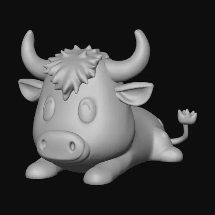 3D model for A high-quality 3D render in a chunky world of warcraft/blizzard art style. Use the exact same pose, proportions, body alignment, and camera angle as the reference: a clean left-side orthographic profile with zero perspective distortion. The creature lies completely flat on its belly with its head resting fully on the ground, neck extended forward, body forming a perfectly straight horizontal line from nose to tail, and all four legs splayed outward in a relaxed, natural position. The front legs angle slightly forward and outward, and the back legs angle slightly backward and outward. Maintain perfect left-right symmetry, smooth rounded shapes, simple soft lighting, and a neutral background. Now recreate this same fixed pose and style, but as a kawaii highland cow, keeping the vinyl texture